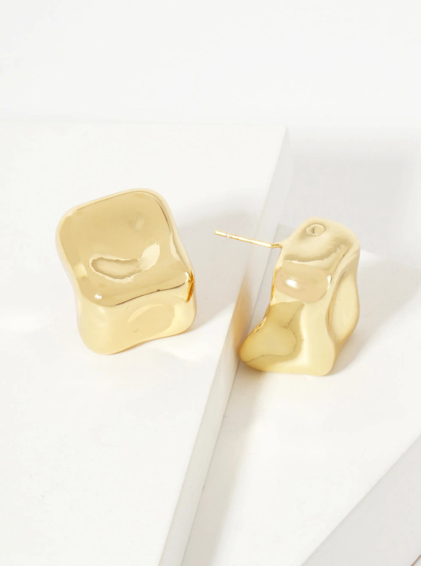 Polished Brass Hand-Molded Organic Square-Shaped 18K-Gold-Dipped Stud Earrings