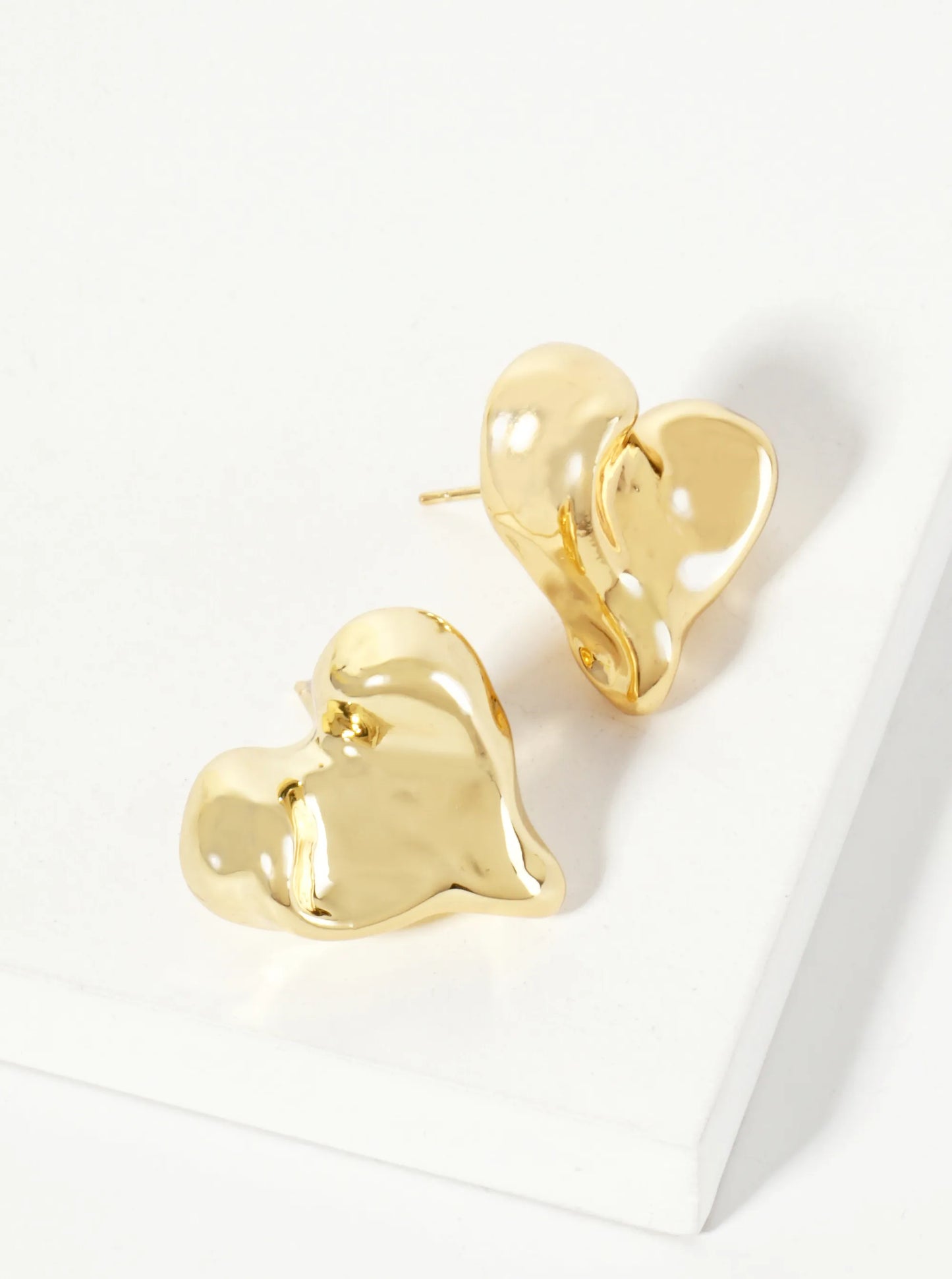 Polished Brass Hand-Pressed 18K-Gold-Dipped Button Heart Stud Earrings