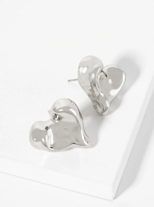 Polished Brass Hand-Pressed 18K-Gold-Dipped Button Heart Stud Earrings