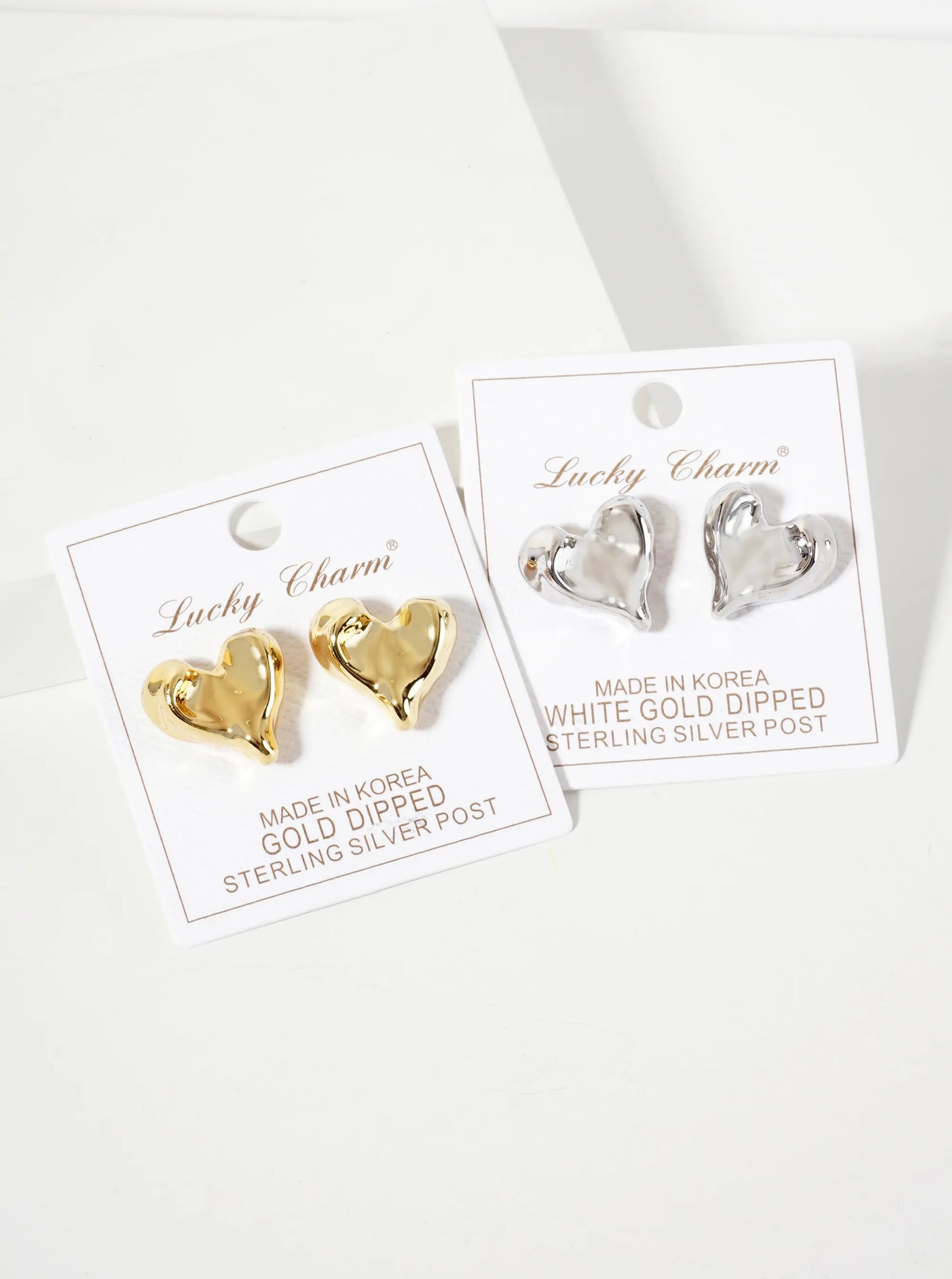 Polished Brass Hand-Pressed 18K-Gold-Dipped Button Heart Stud Earrings