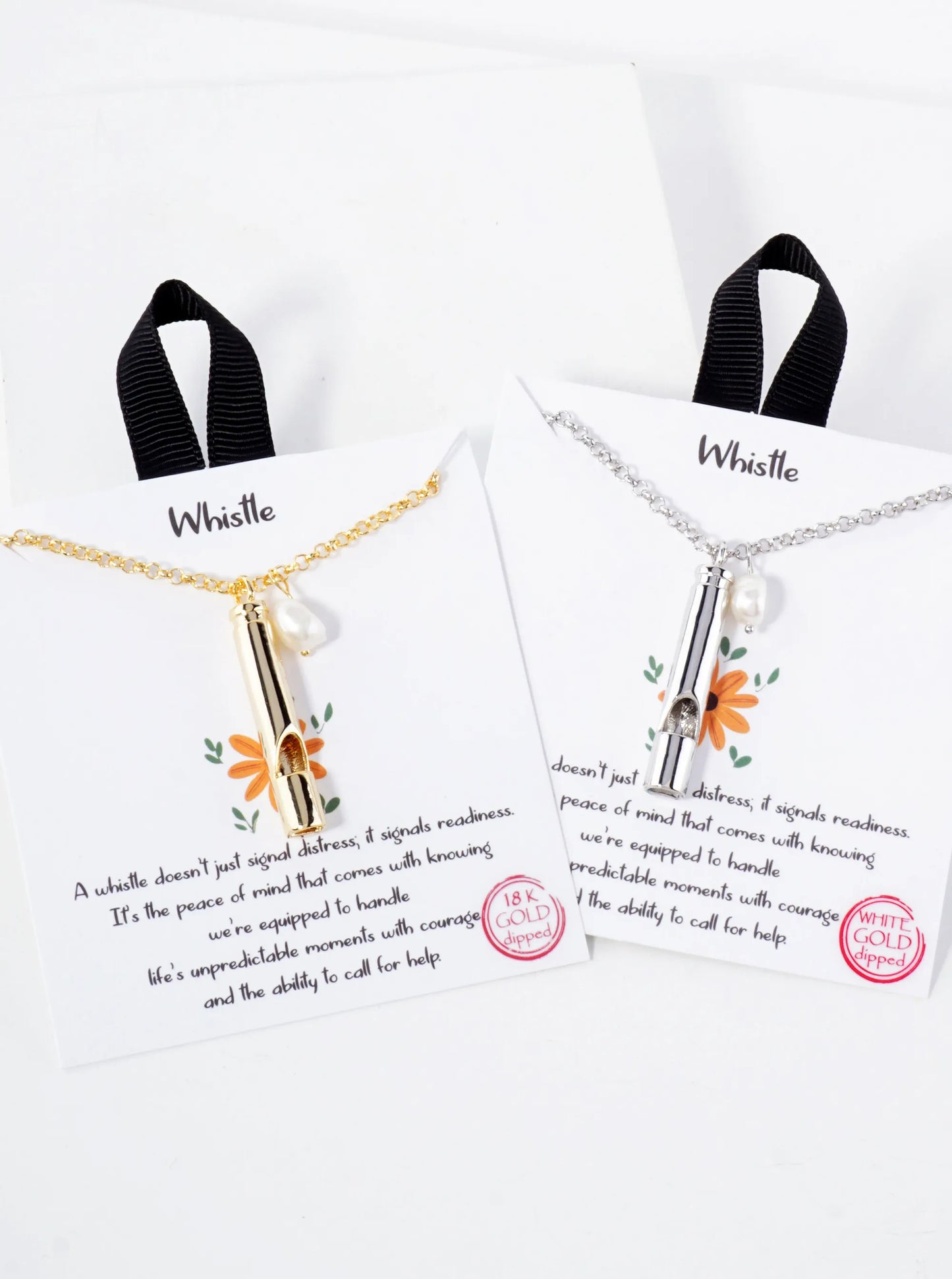 Polished Brass Safety Whistle With Pearl Pendant Hypoallergenic 18K-Gold-Dipped Necklace