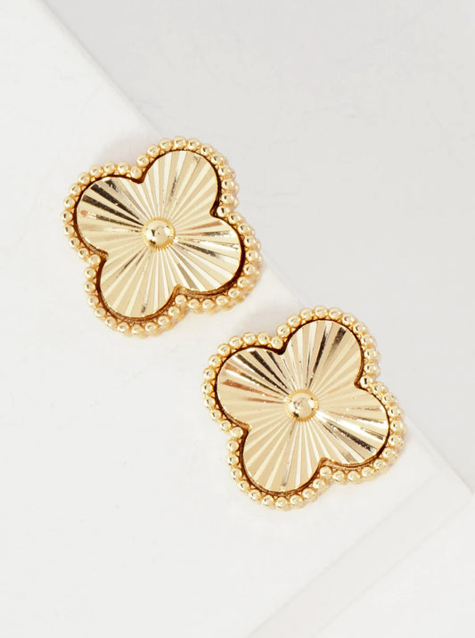 Polished Brass Textured 15mm Quatrefoil 14K-Gold-Dipped Stud Earrings