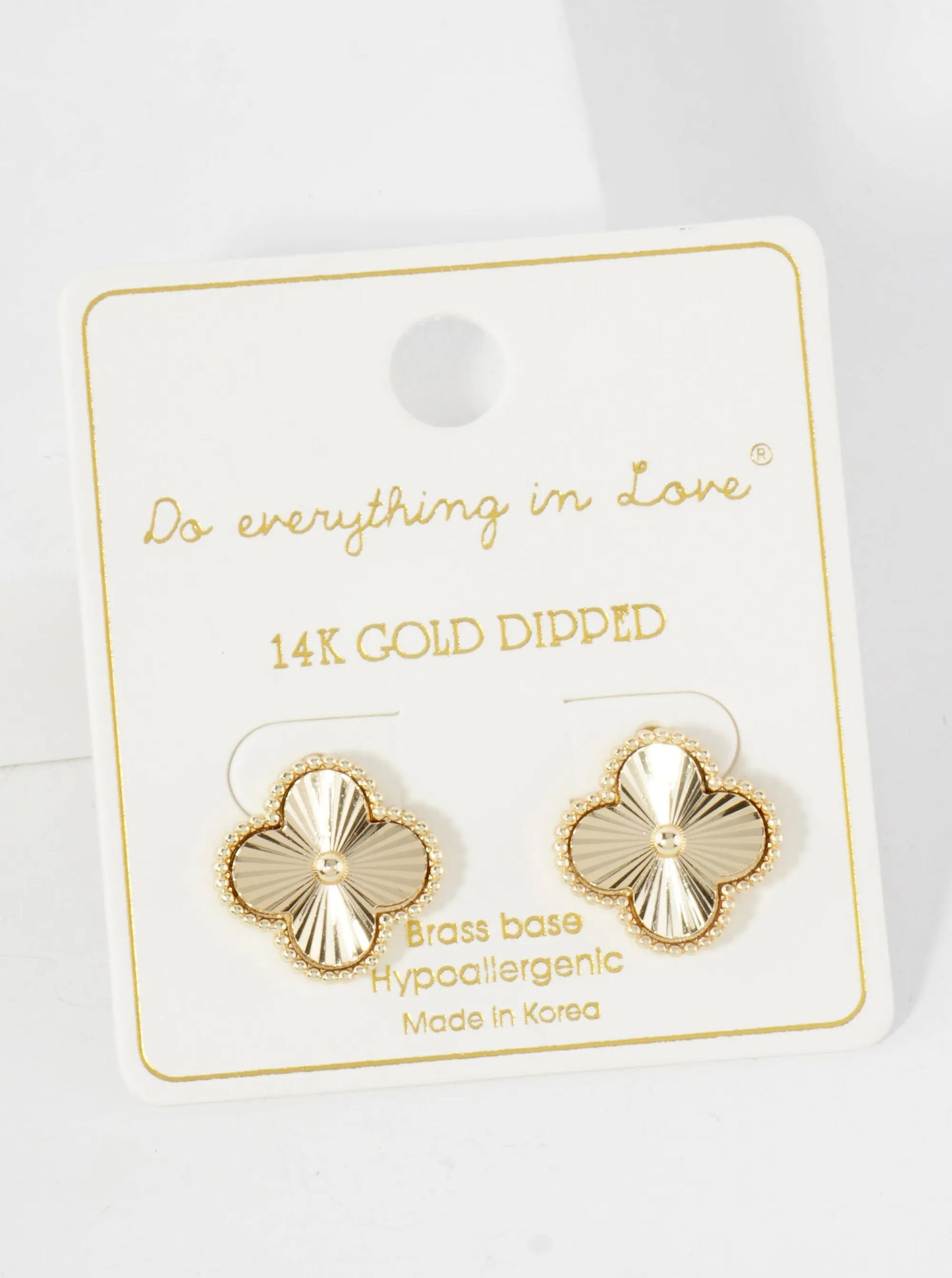 Polished Brass Textured 15mm Quatrefoil 14K-Gold-Dipped Stud Earrings