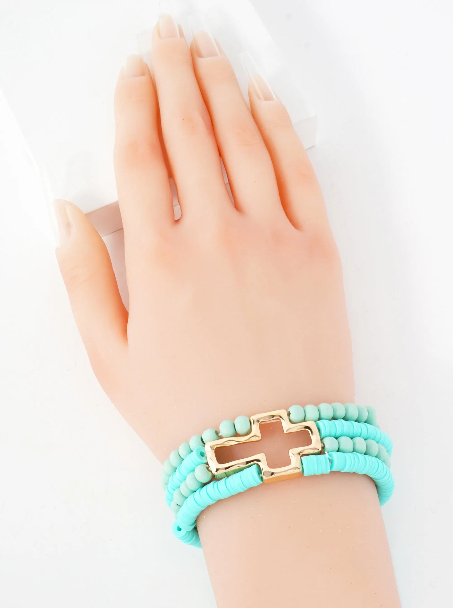 Polished Cross Accent Wood And Heishi Beads Layered Stretch Bracelet