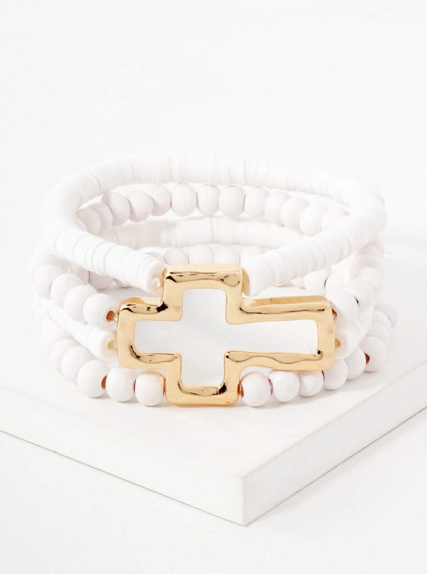 Polished Cross Accent Wood And Heishi Beads Layered Stretch Bracelet