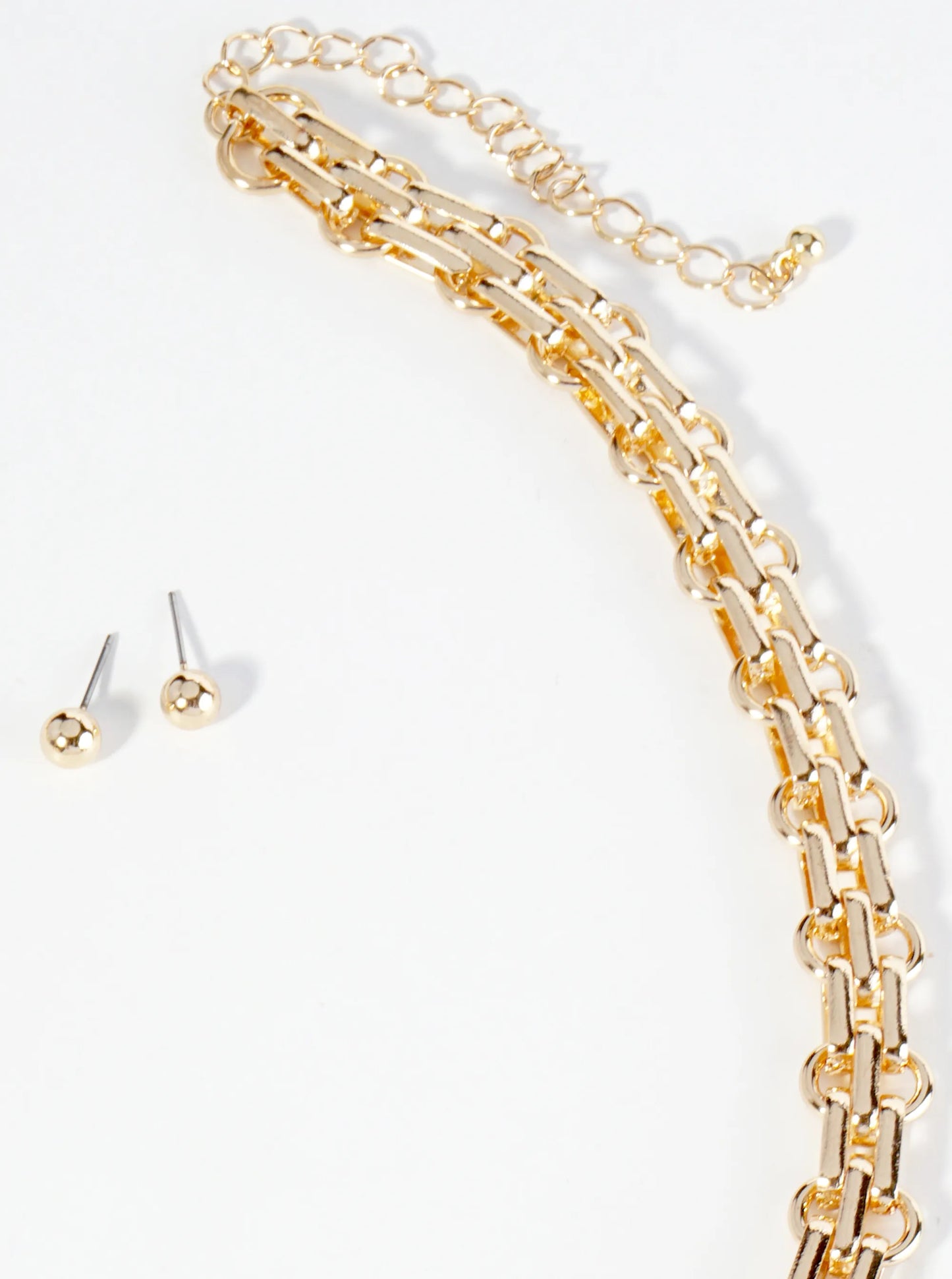 Polished Metal 16 Inch Link Chain Necklace Set With Earrings