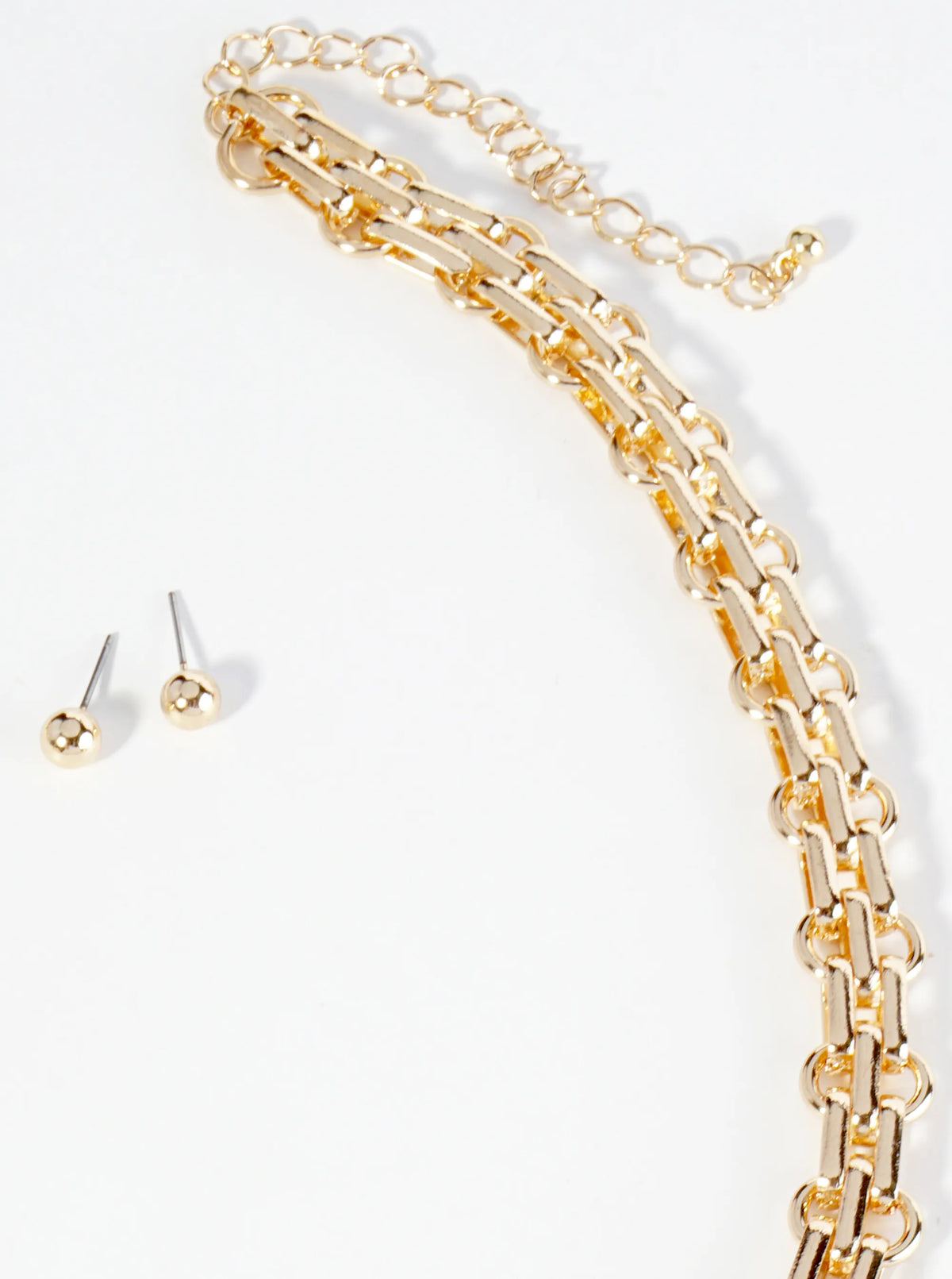Polished Metal 16 Inch Link Chain Necklace Set With Earrings