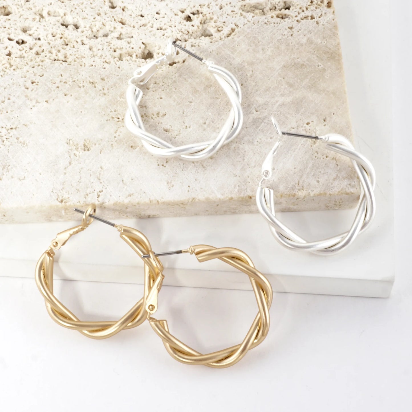 Polished Metal 25mm Twist Omega-Back Hoop Earrings
