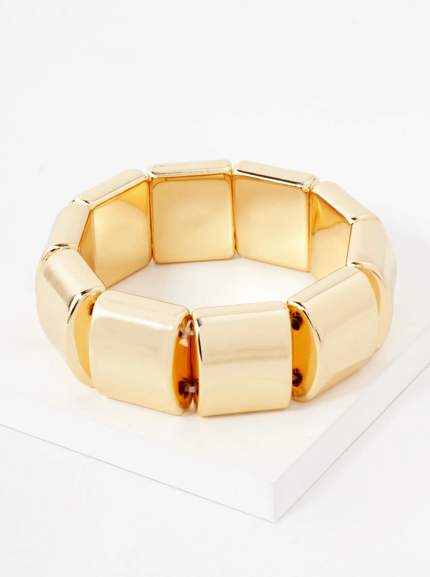 Polished Metal Big Hollow Square Beaded Bold Stretch Bracelet