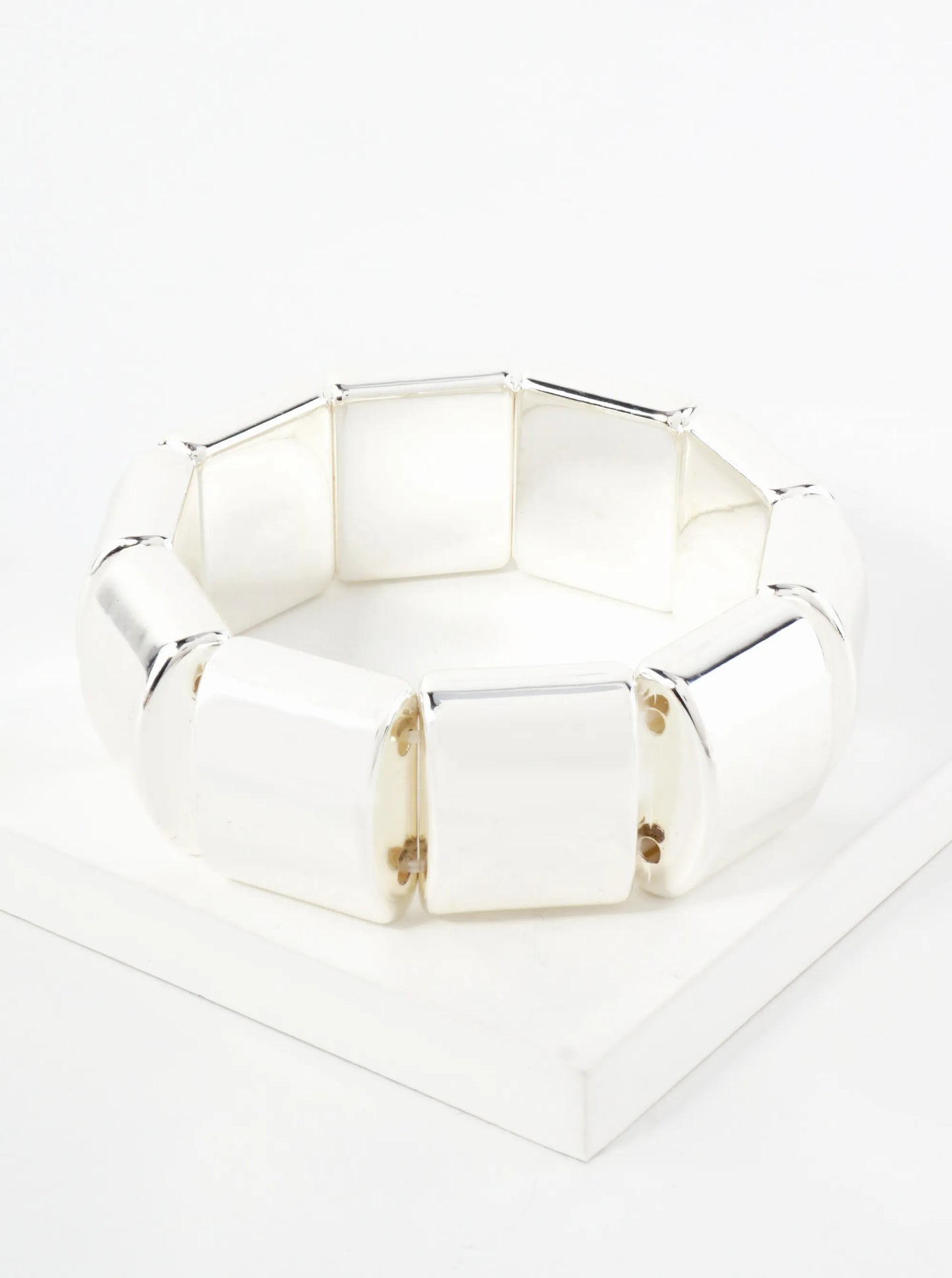 Polished Metal Big Hollow Square Beaded Bold Stretch Bracelet
