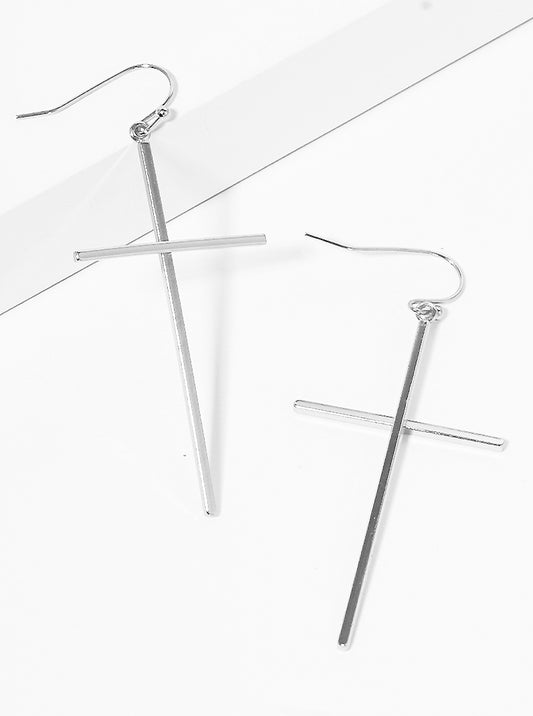 Polished Metal Cross Fish Hook Dangle Drop Earrings