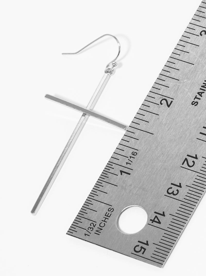 Polished Metal Cross Fish Hook Dangle Drop Earrings