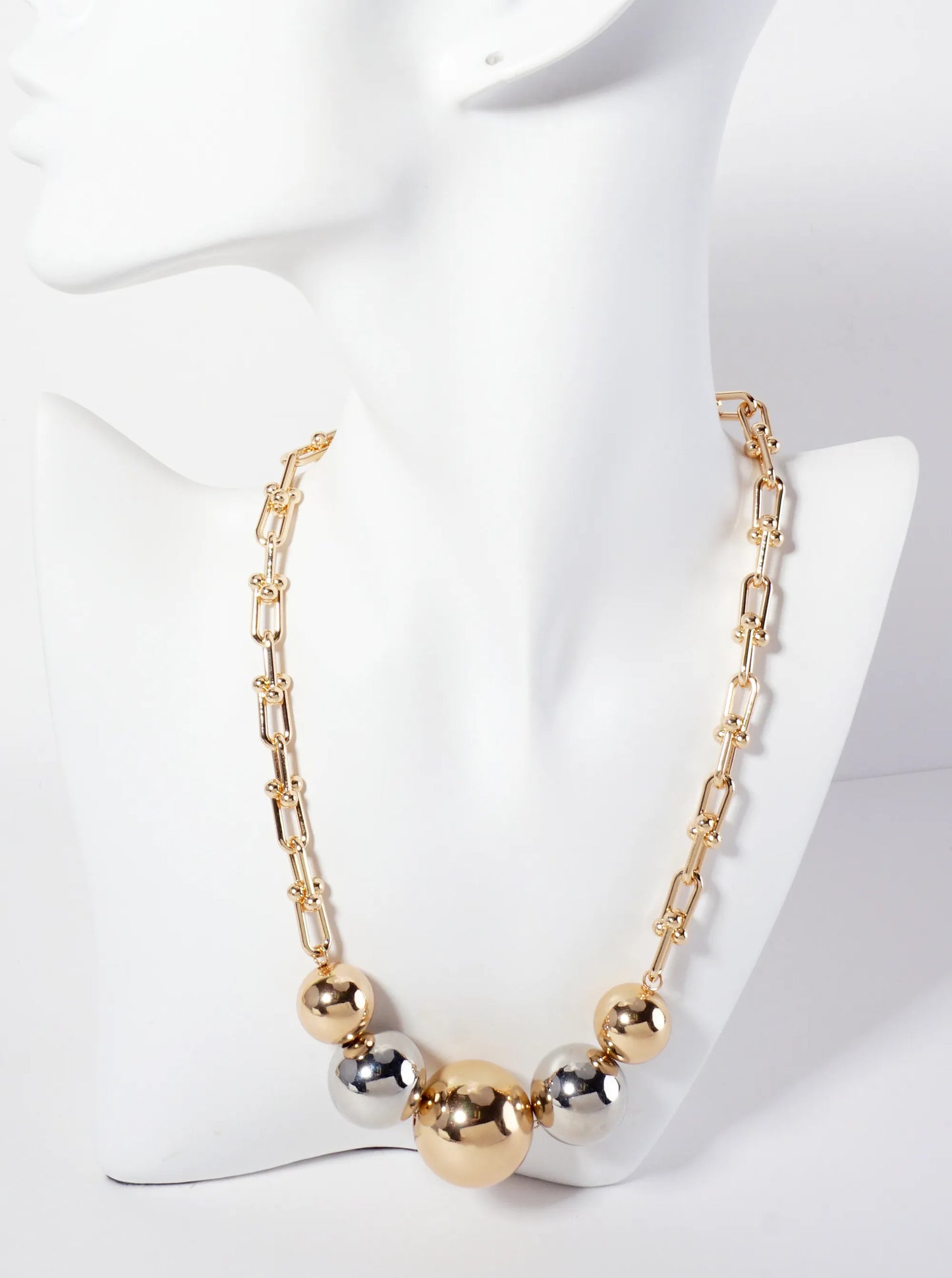 Polished Metal Graduated Hollow Ball-Beaded Hardwear Chain Necklace