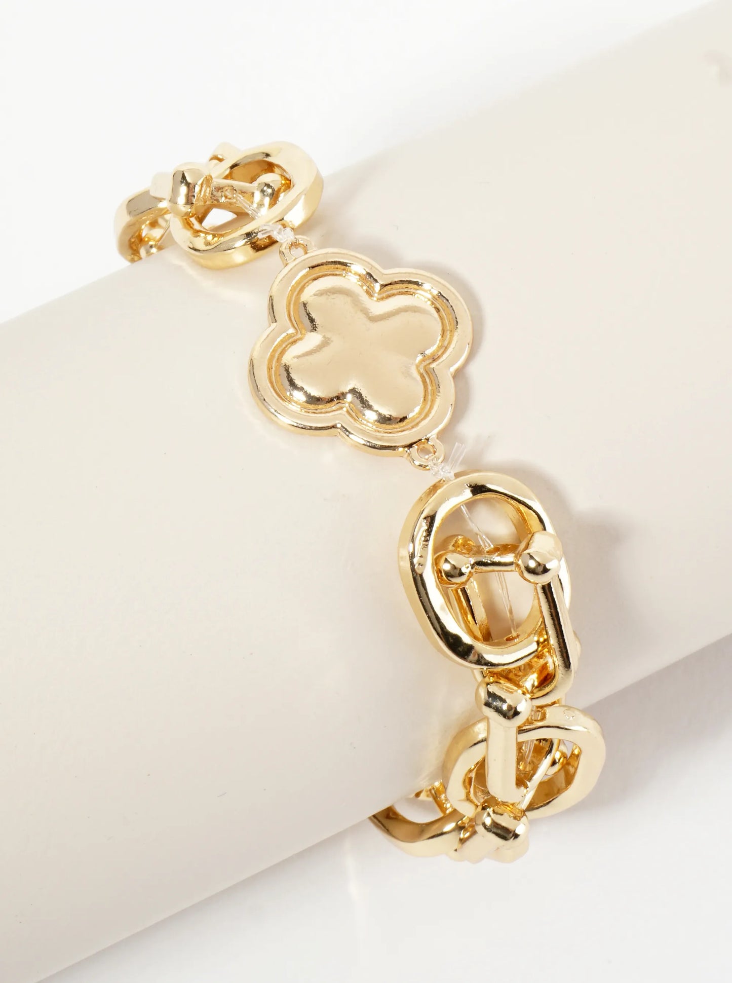 Polished Metal HardWear Chain Stretch Bracelet With Quatrefoil Accent