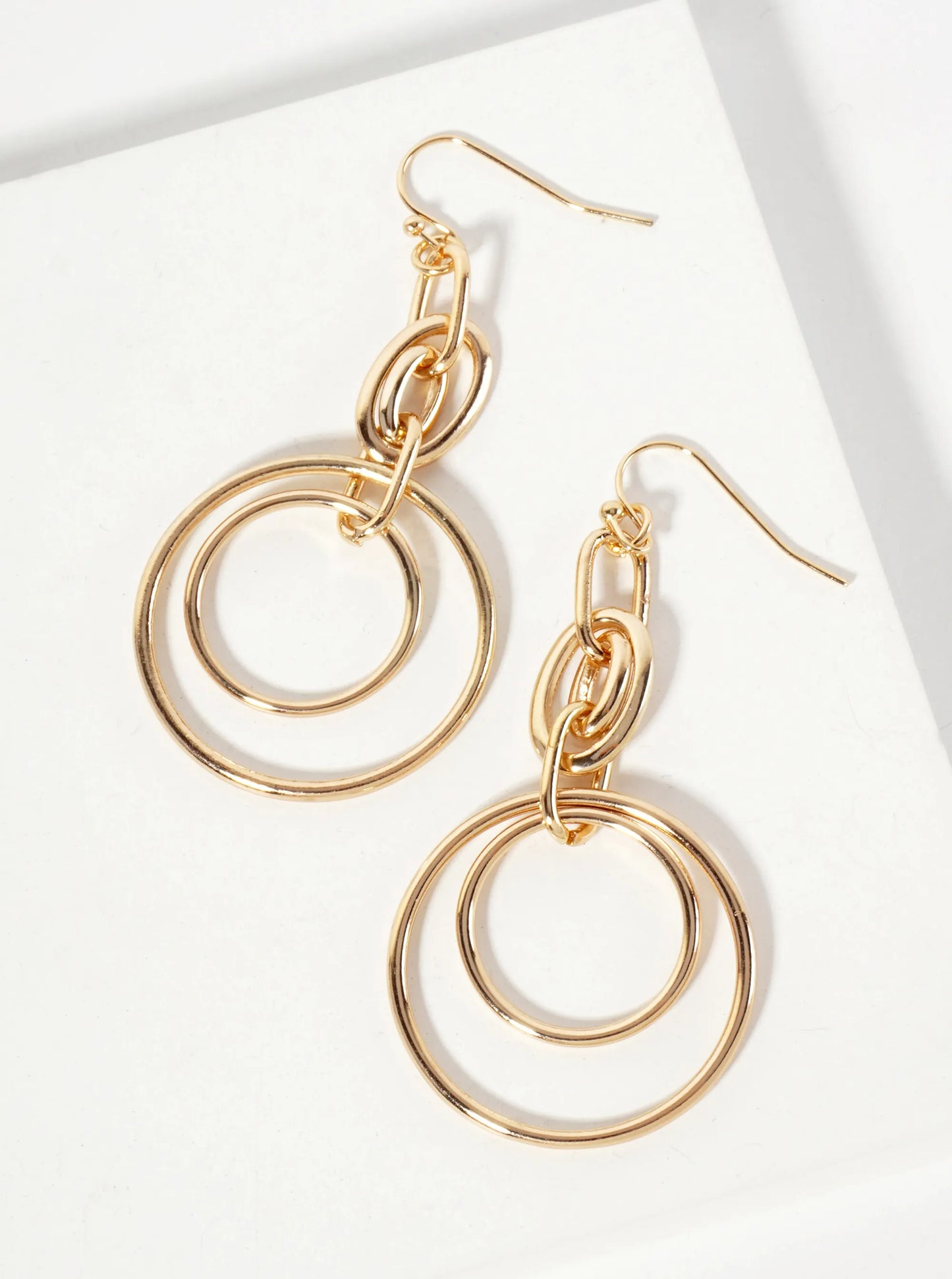 Polished Metal Interlocking Double Circle Drop Dangle Earrings