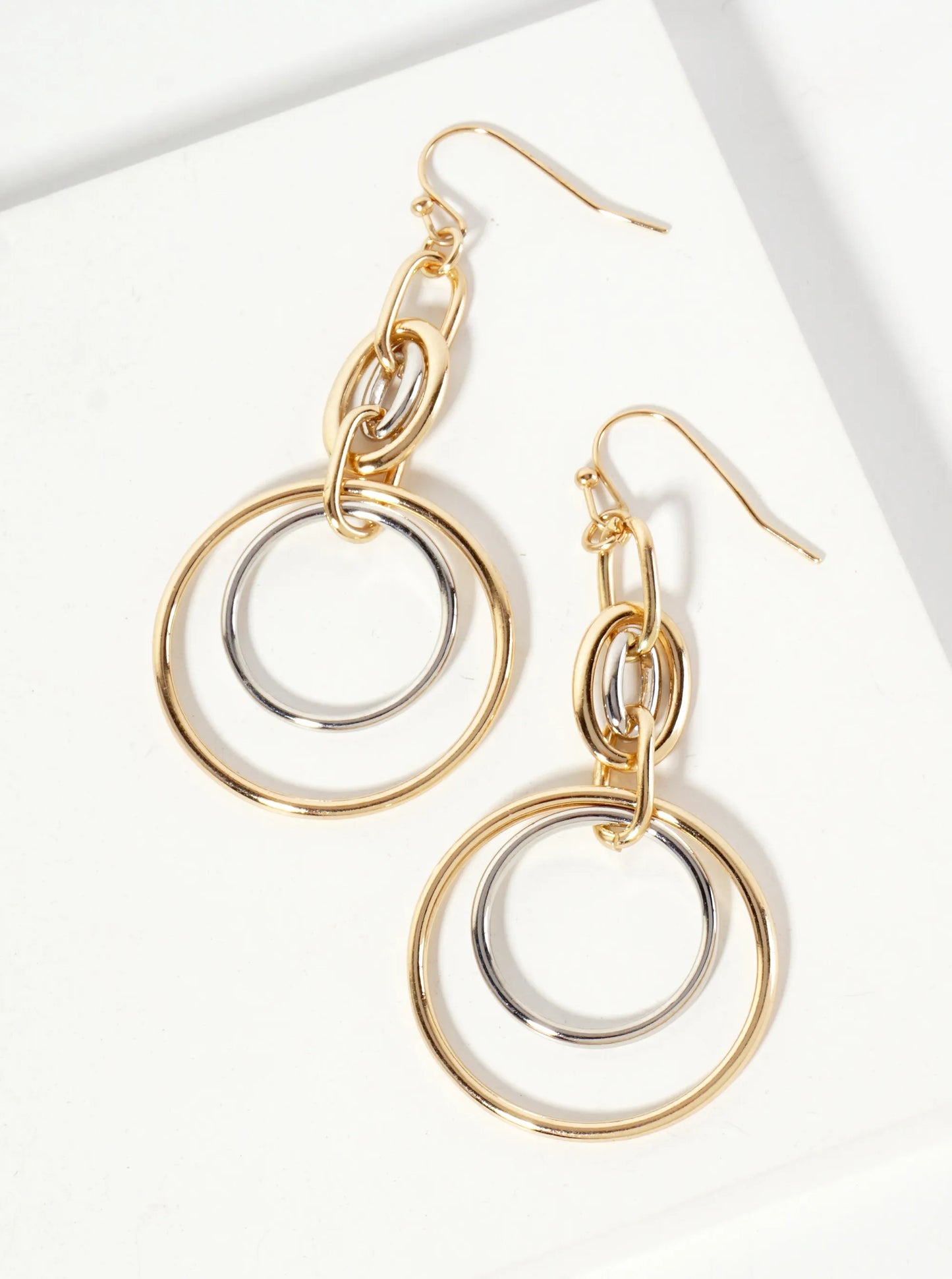 Polished Metal Interlocking Double Circle Drop Dangle Earrings