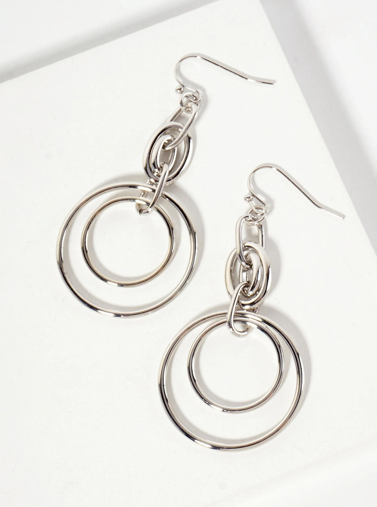 Polished Metal Interlocking Double Circle Drop Dangle Earrings