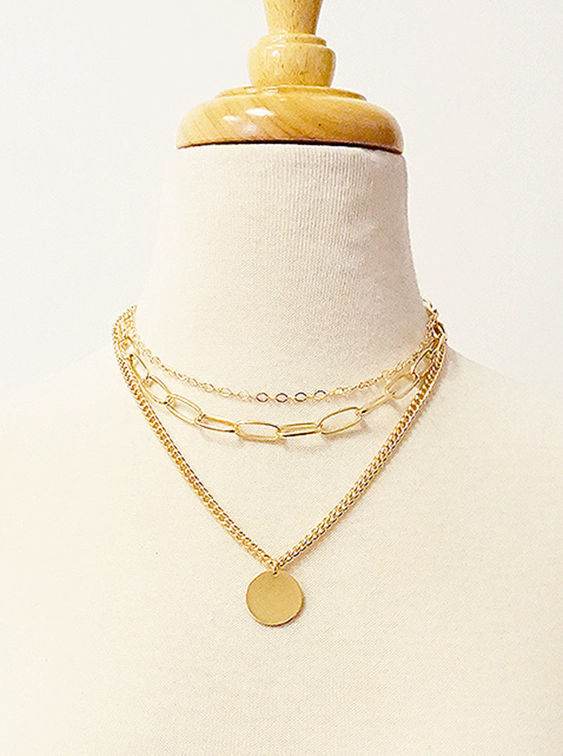 Polished Metal Round Disc Pendant Layered Multi Chain Necklace