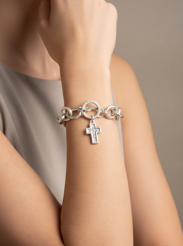 Hammered Cross Charm Chain Bracelet