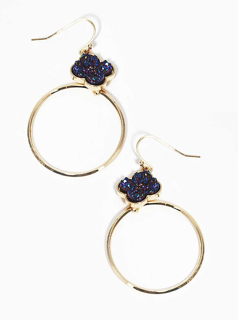 Quatrefoil Simulated Druzy With Round Drop Fishhook Dangle Earrings