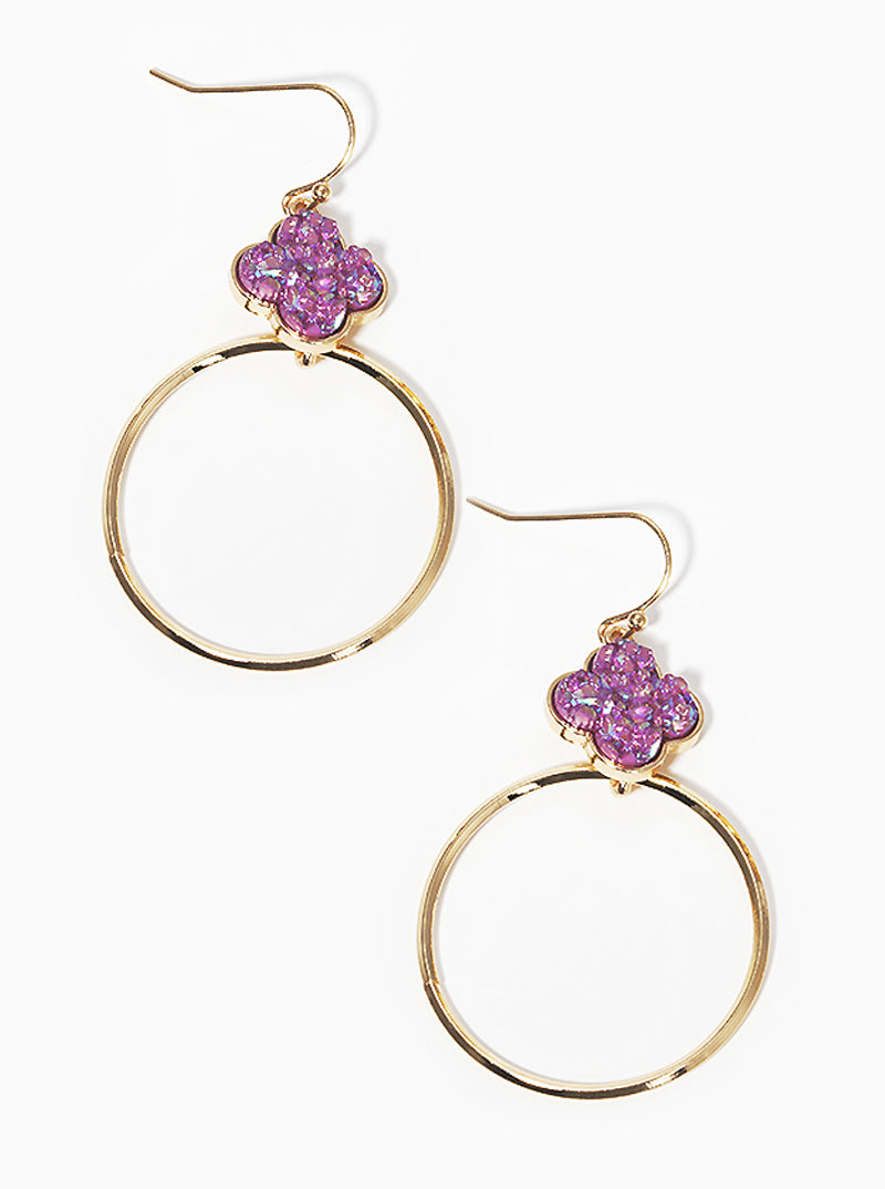 Quatrefoil Simulated Druzy With Round Drop Fishhook Dangle Earrings