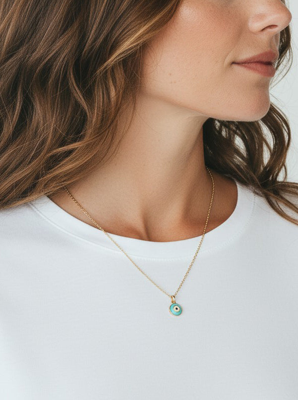 ROUND EVIL EYE ENAMEL PENDANT NECKLACE