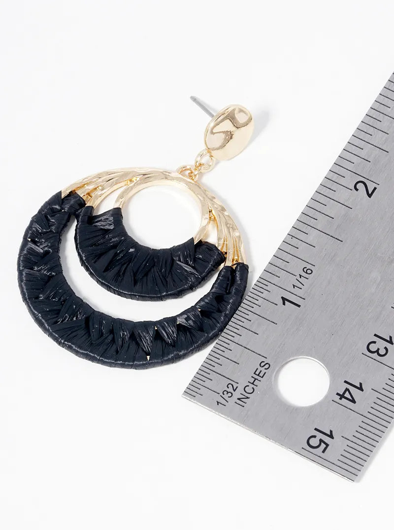 Raffia Wrapped Double Circle Dangle Post Earrings