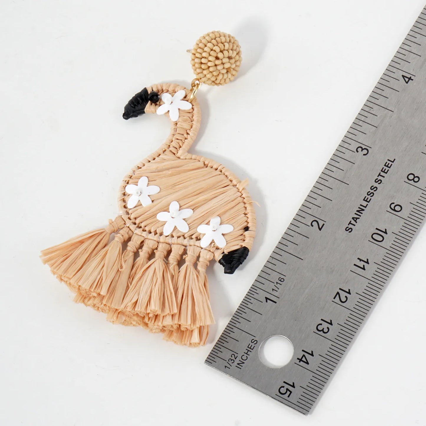 Raffia-Wrapped Floral Flamingo Drop Tropical Statement Earrings