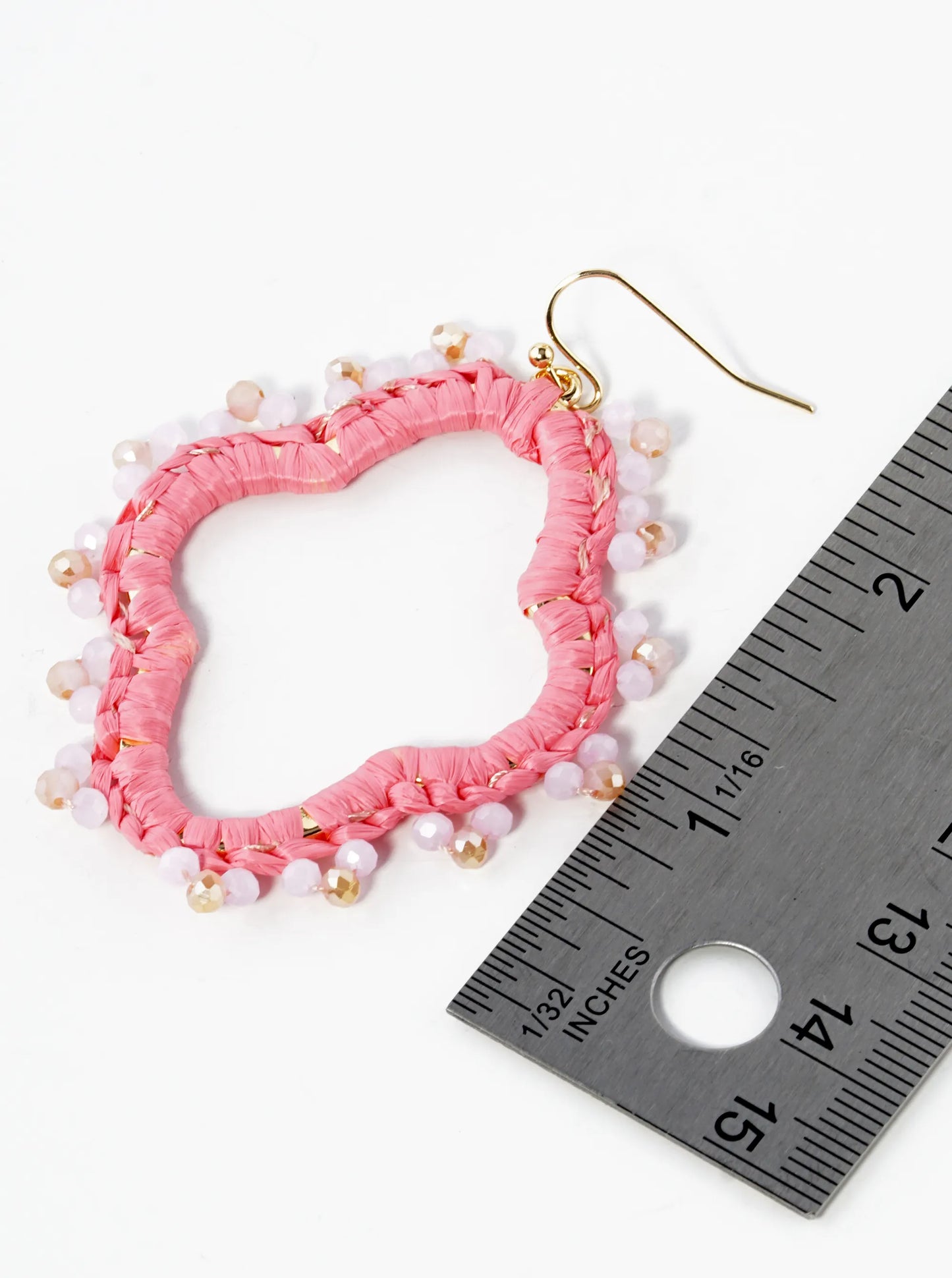 Raffia Wrapped Glass Beaded Quatrefoil Dangle Drop Earrings