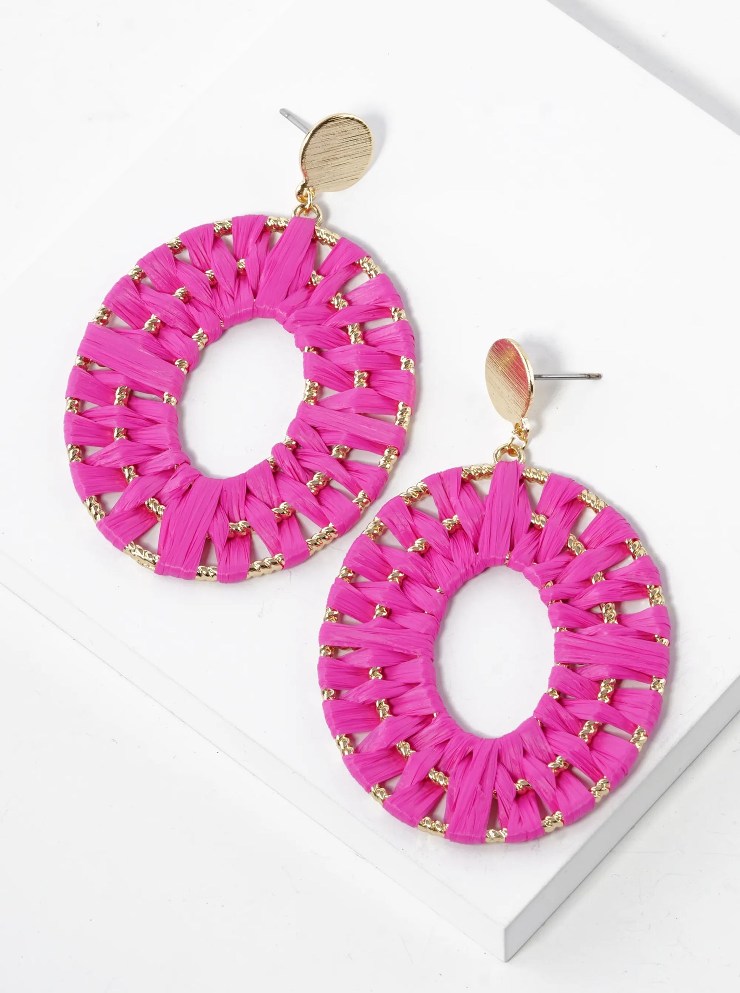 Raffia Wrapped Oval Drop Dangle Post Earrings