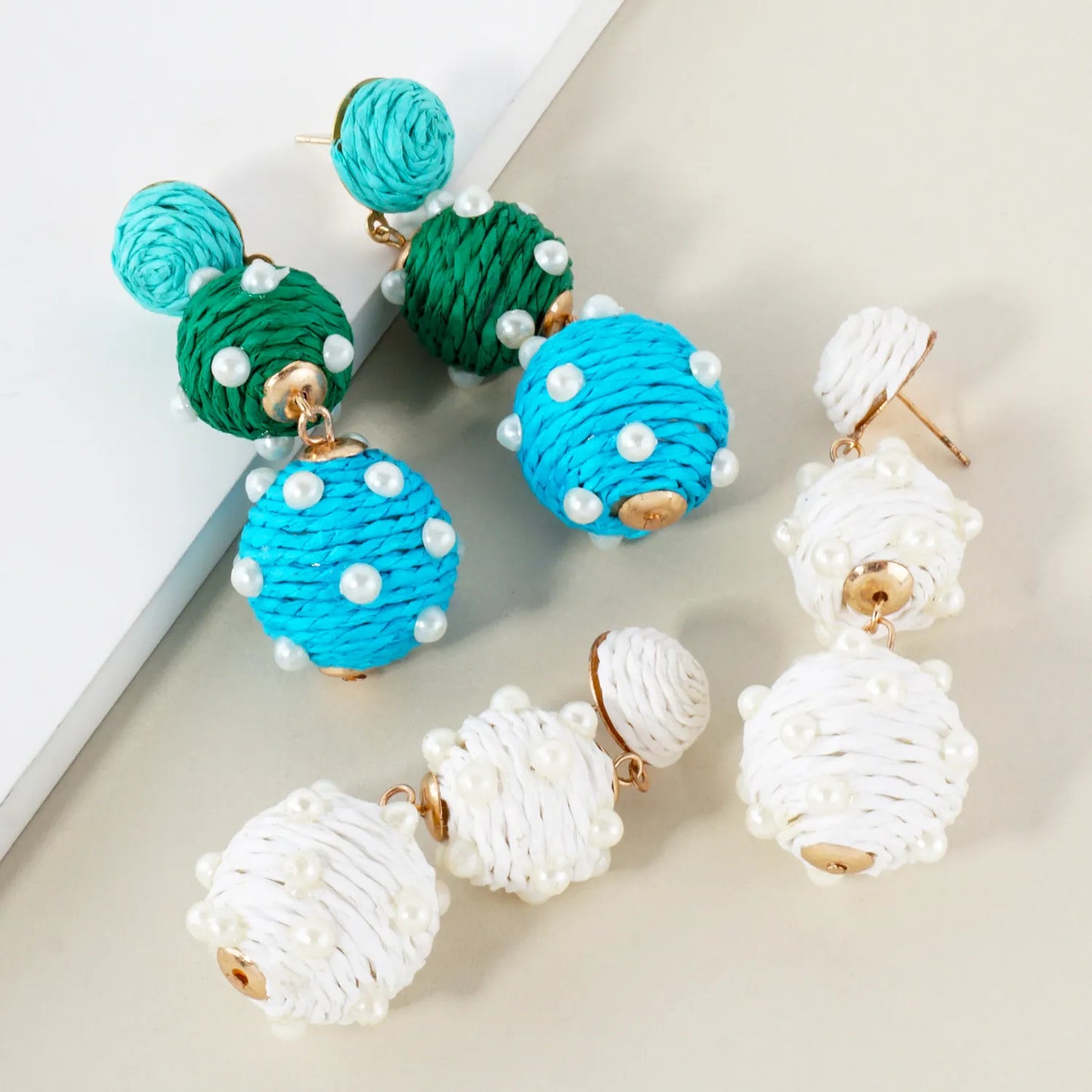 Raffia Wrapped Pearl Beaded Ball Drop Statement Earrings