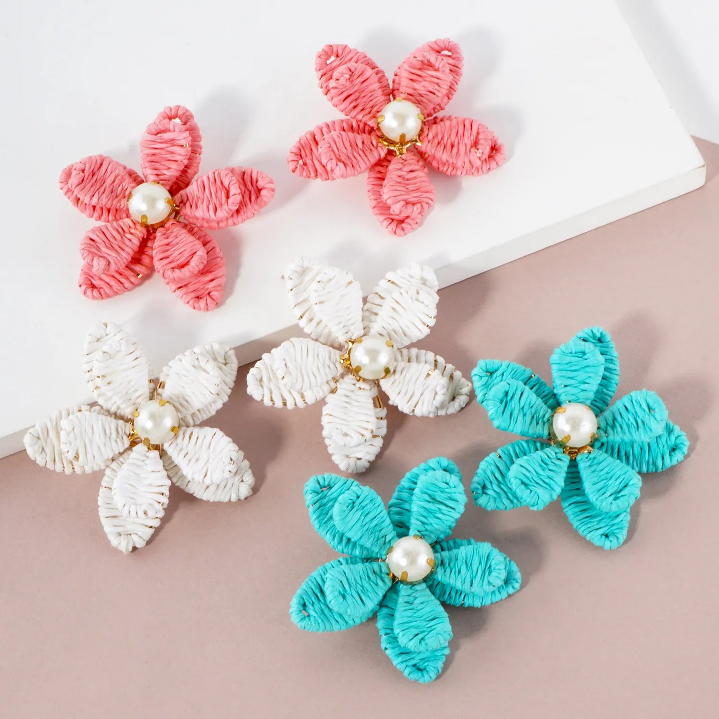 Raffia Wrapped Pearl Flower Statement Earrings