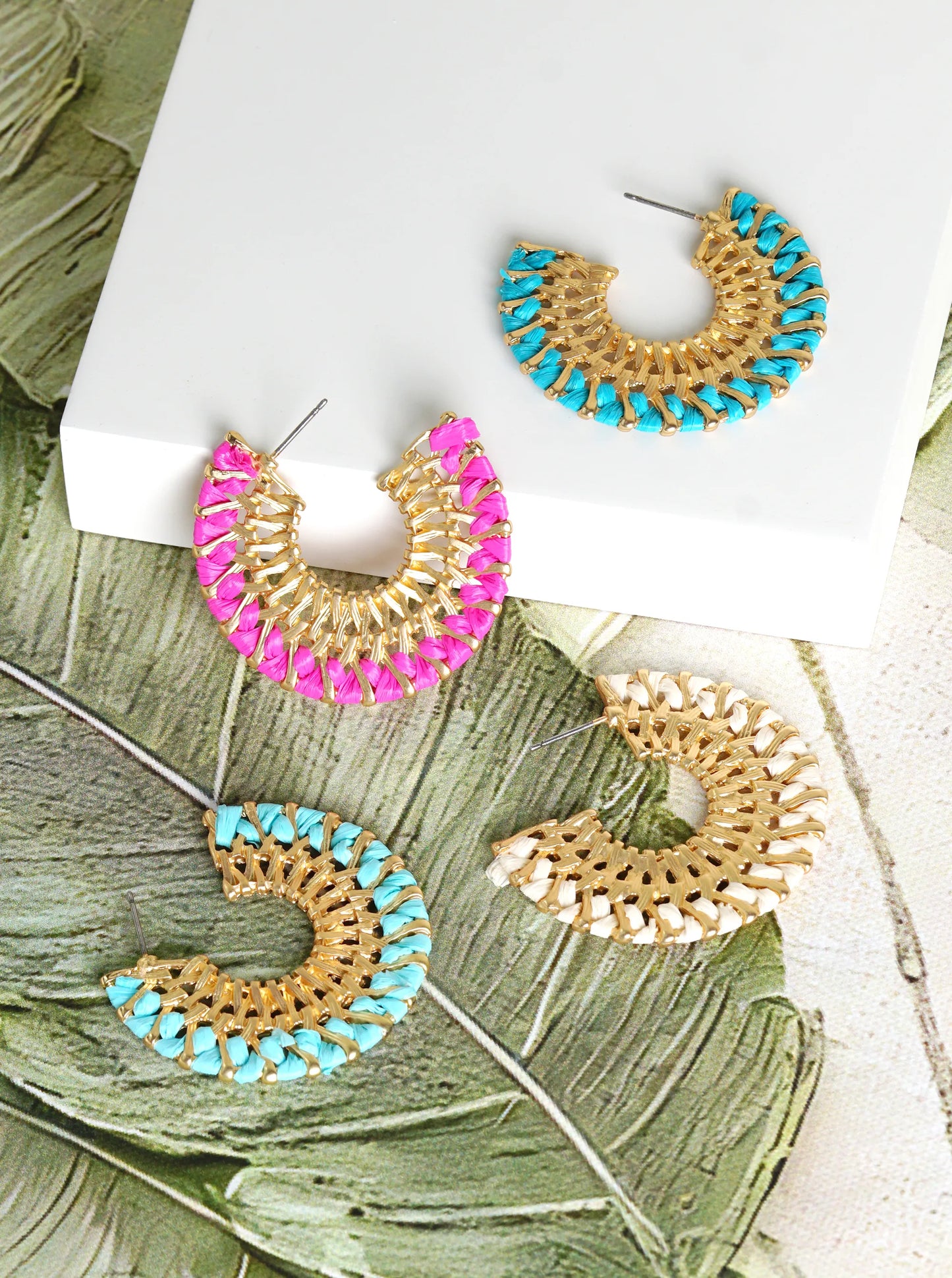 Raffia Wrapped Textured Metal Wide Open Hoop Earrings