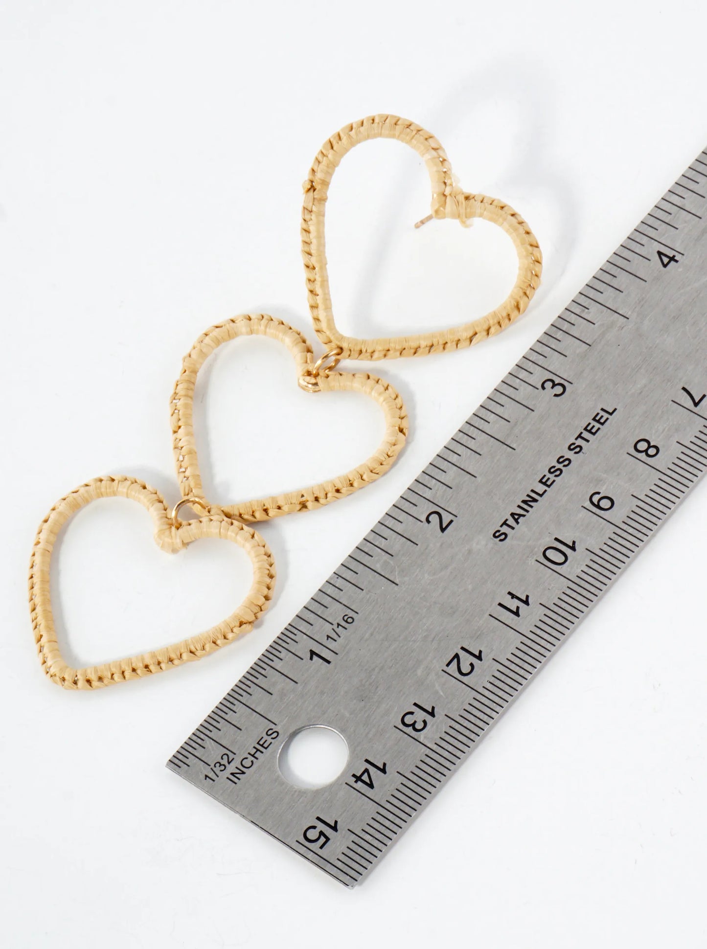 Raffia Wrapped Three Heart Drop Statement Earrings