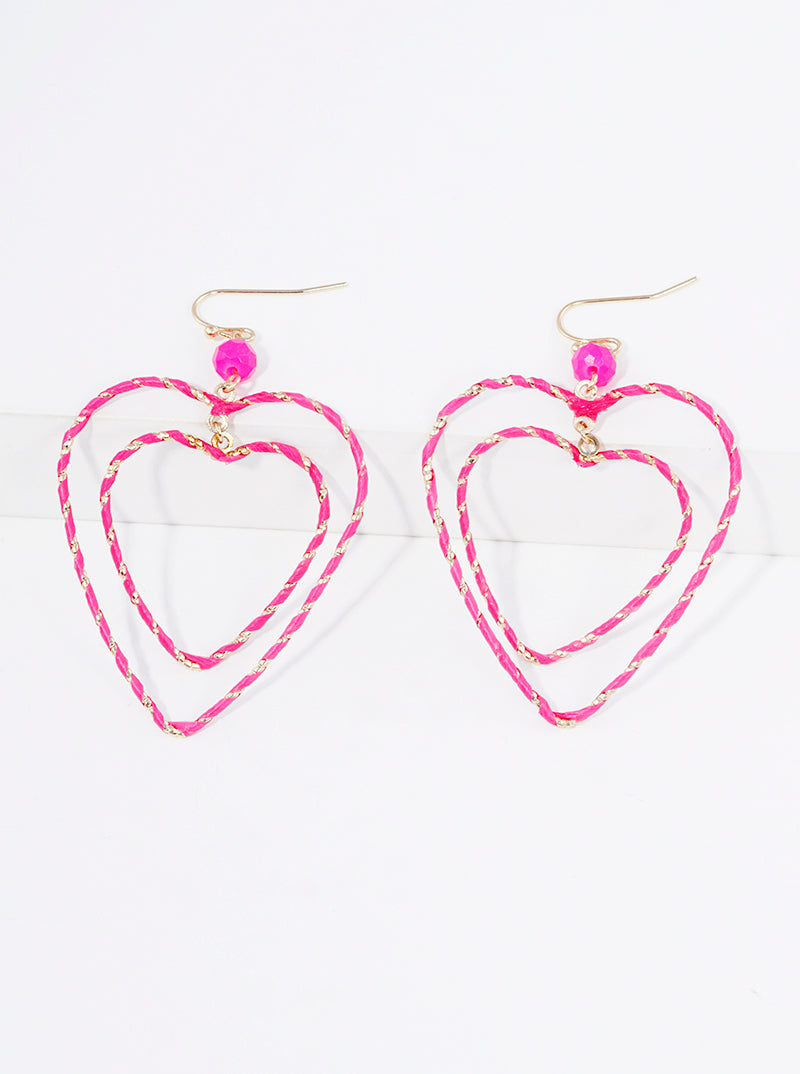 Raffia Wrapped Linear Double Heart Dangle Drop Earrings