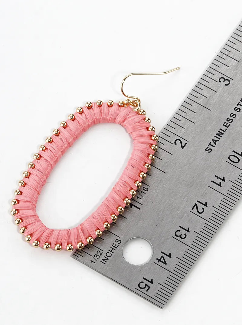 Raffia Wrapped Rounded Long Hexagon Dangle Drop Earrings