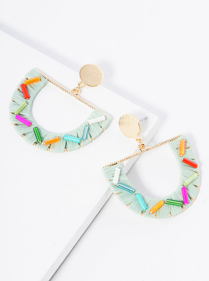 Raffia Wrapped Sprinkle Semi-circle Post Dangle Earrings