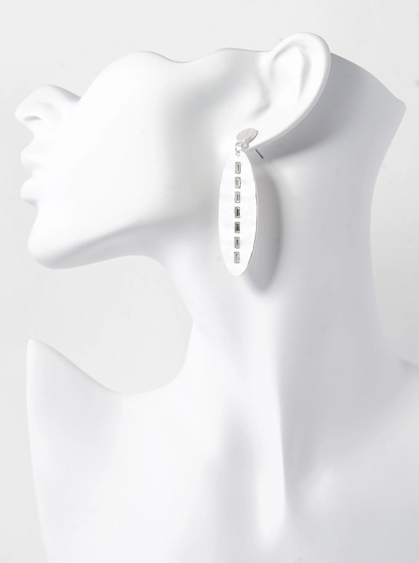 Rectangle Crystal Studded Hammered Metal Oval Drop Post Earrings