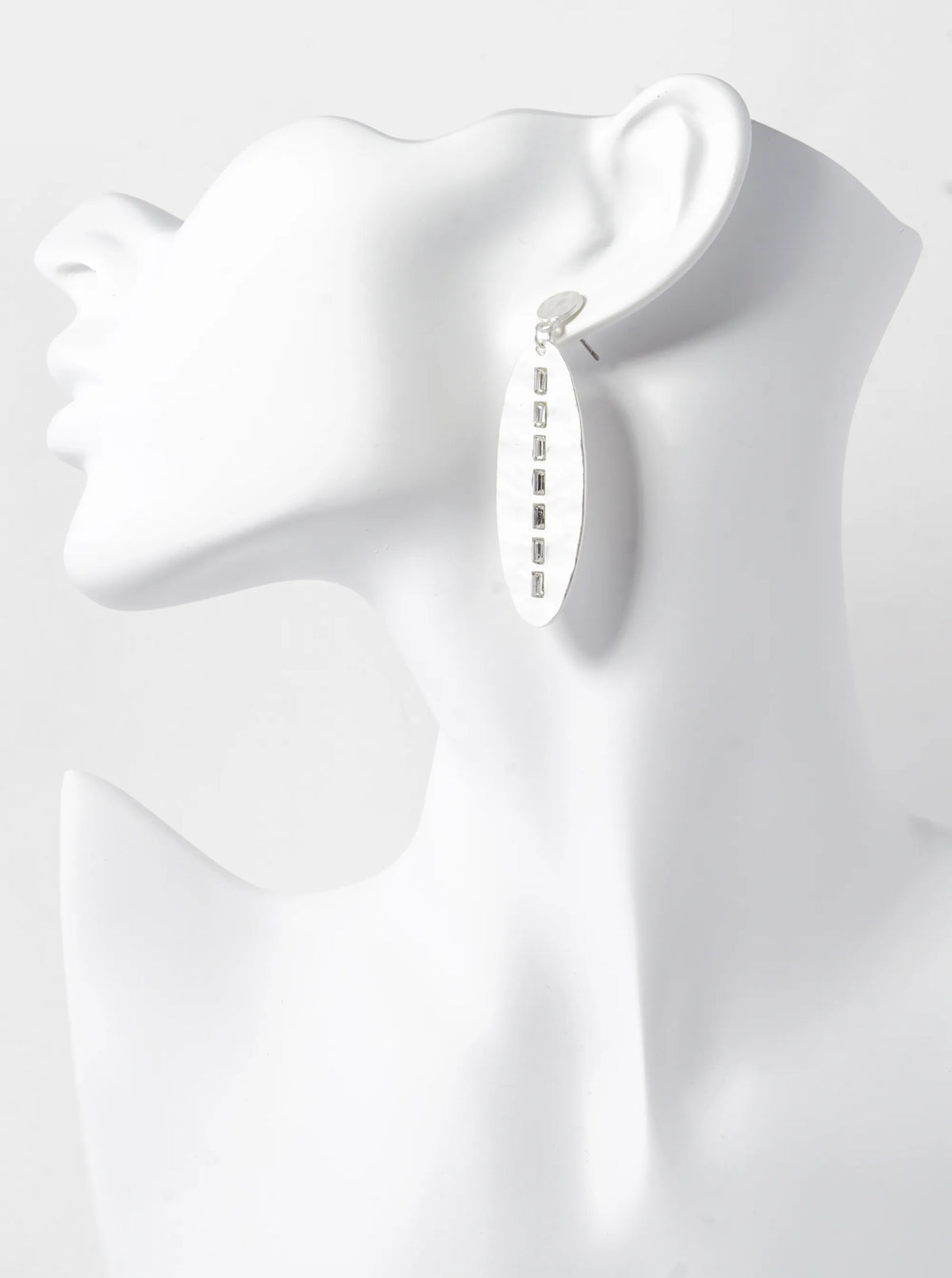 Rectangle Crystal Studded Hammered Metal Oval Drop Post Earrings