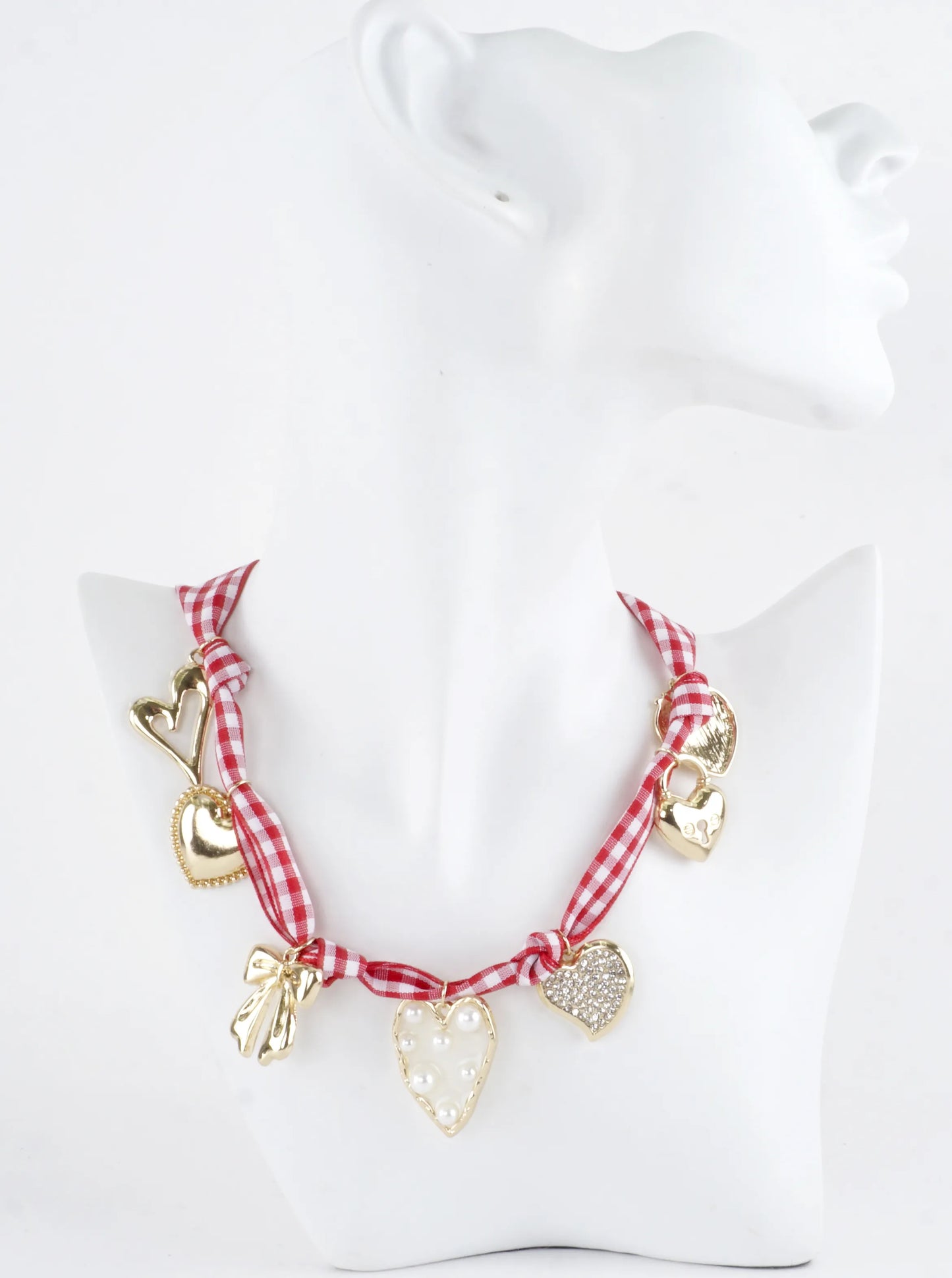 Red White Gingham Fabric Multi Charm Necklace