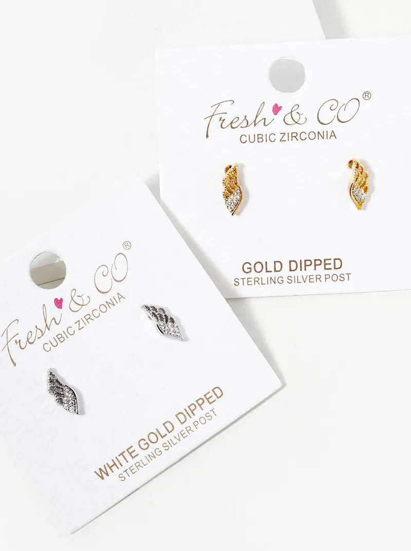 Religious-Theme 18K-Gold-Dipped CZ-Pave Angel Wings Stud Earrings