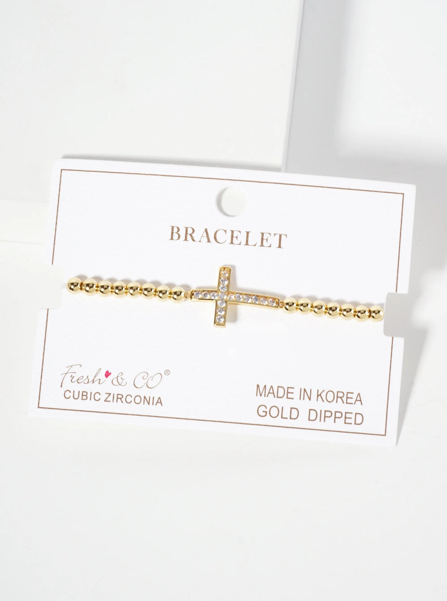 Religious-Theme 18K-Gold-Dipped Pave-Set Cubic-Zirconia Sideways Cross Ball-Beaded Stretch Bracelet