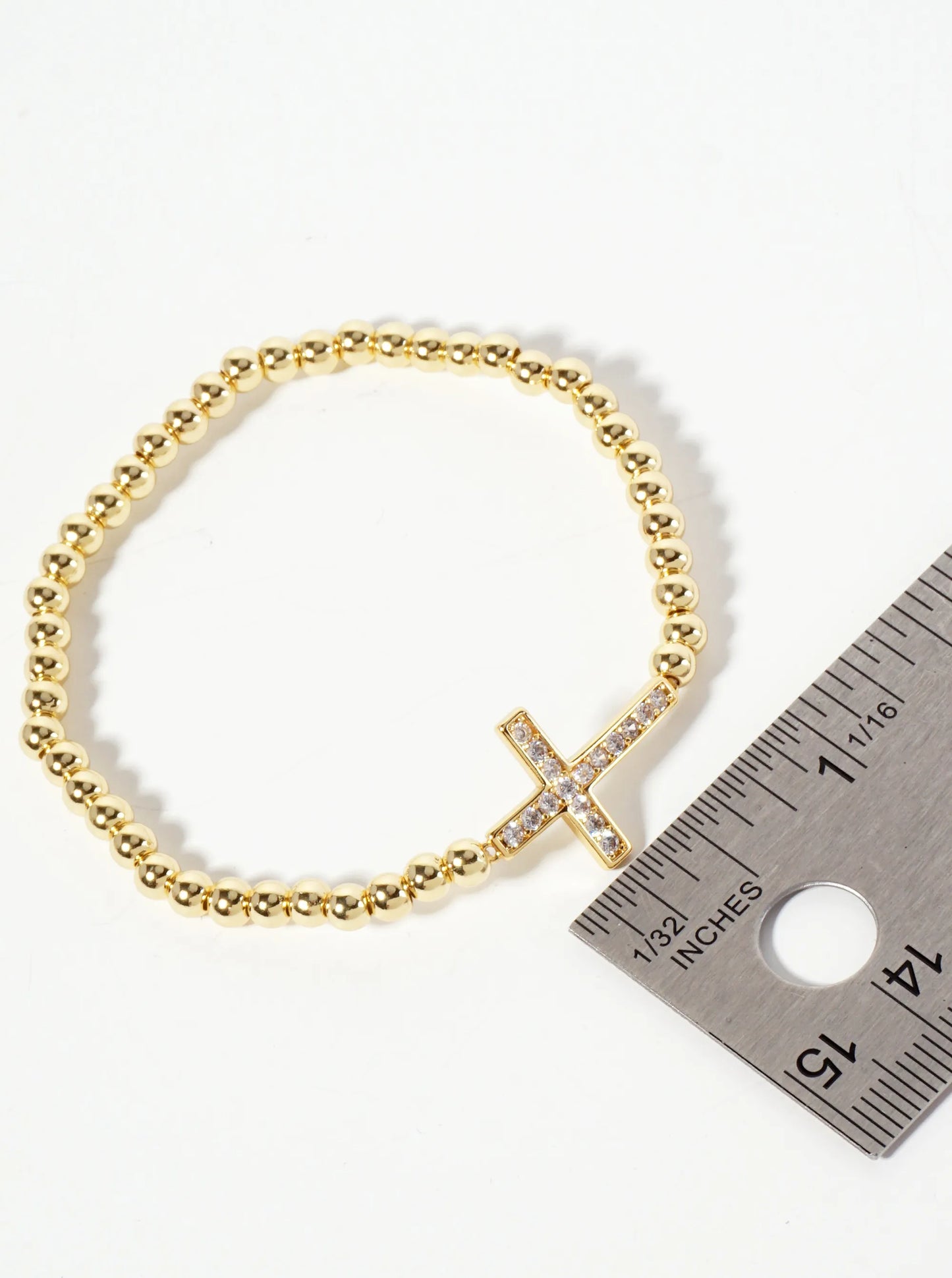 Religious-Theme 18K-Gold-Dipped Pave-Set Cubic-Zirconia Sideways Cross Ball-Beaded Stretch Bracelet