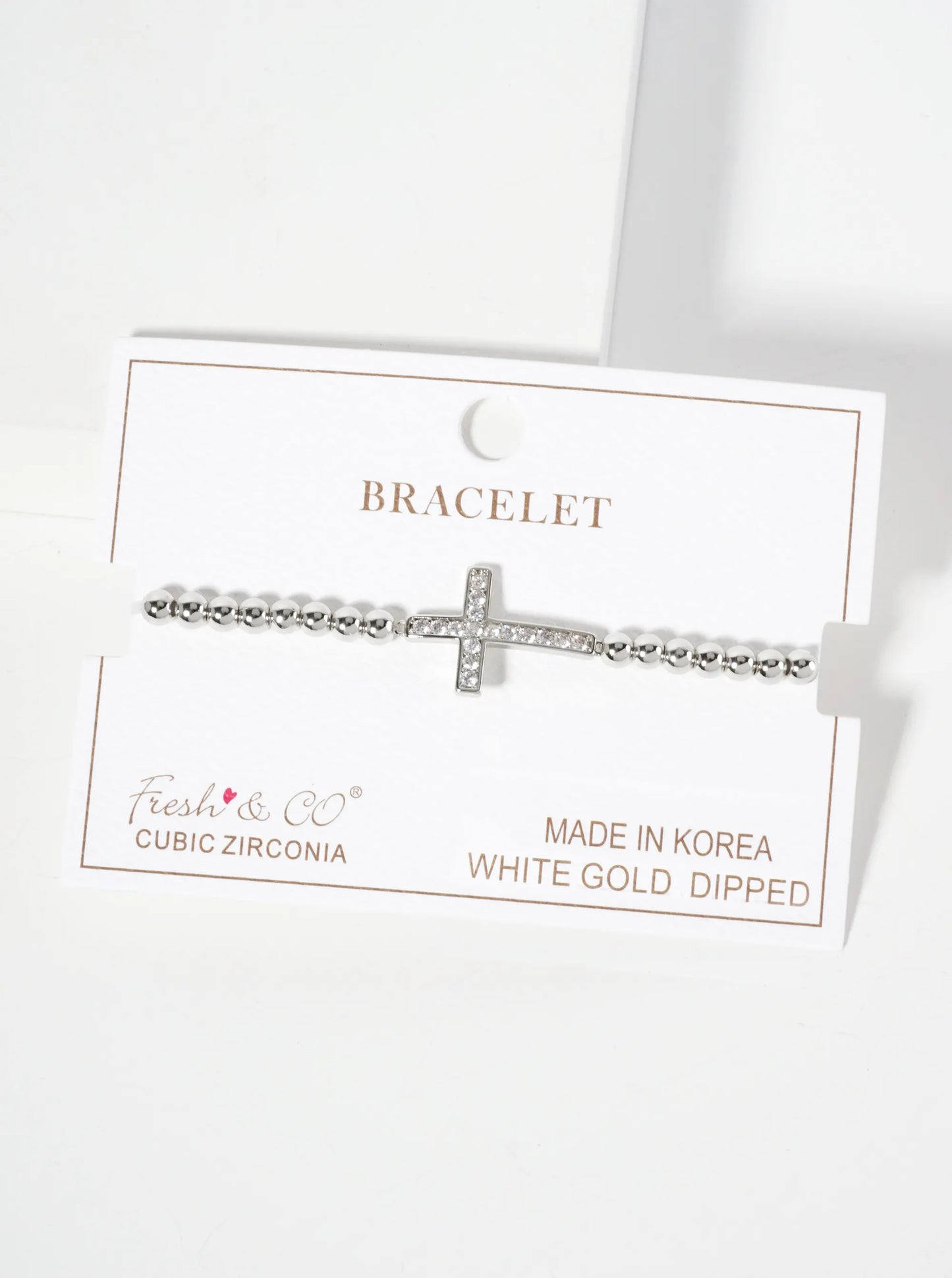 Religious-Theme 18K-Gold-Dipped Pave-Set Cubic-Zirconia Sideways Cross Ball-Beaded Stretch Bracelet