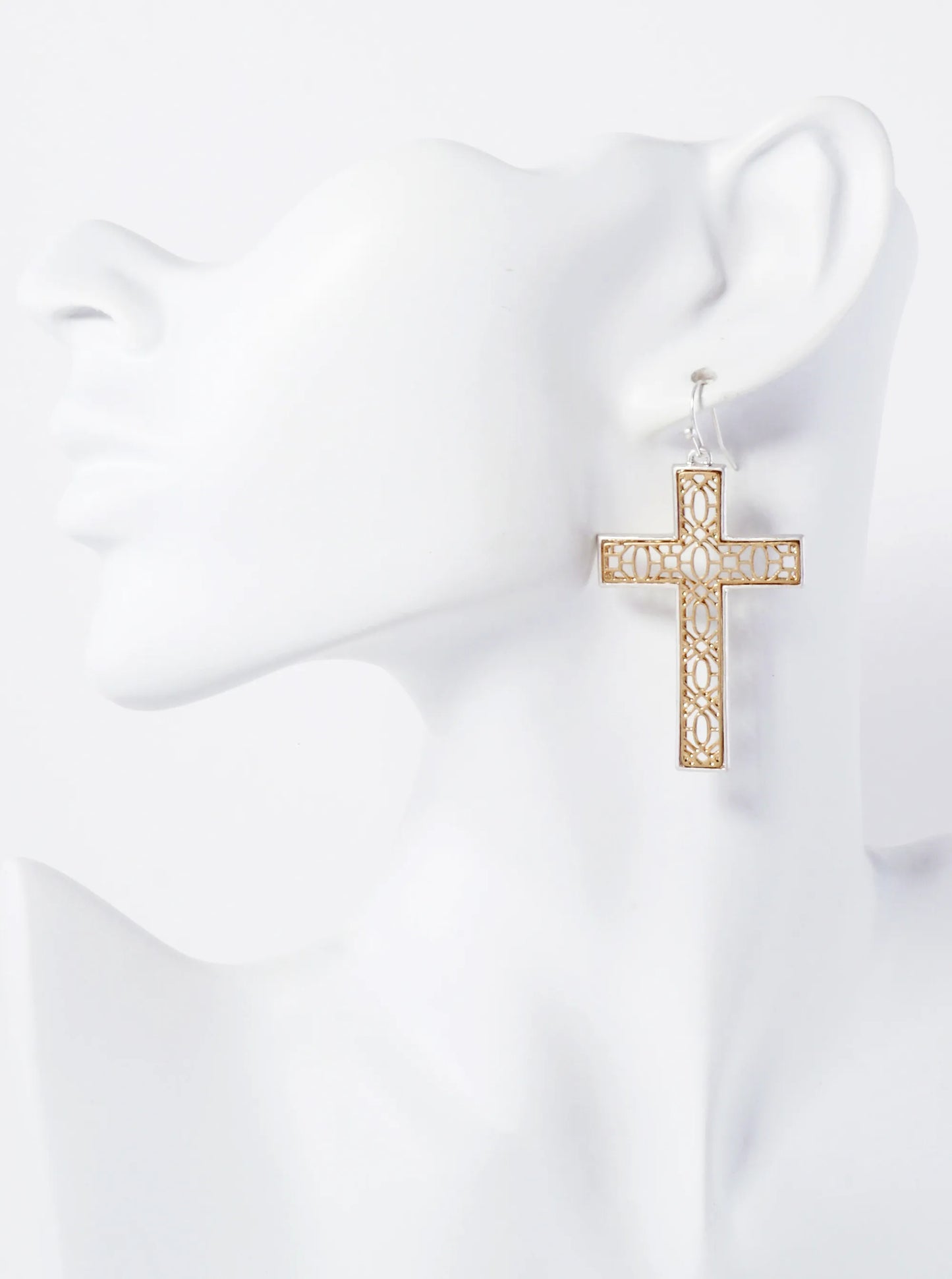 Religious-Theme Dual-Tone Filigree Cross Drop Metal Earrings