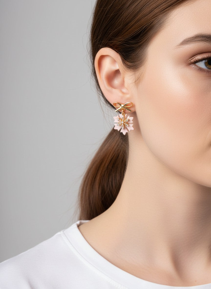 Rhinestone Bow Polished Enamel Drop Earrings