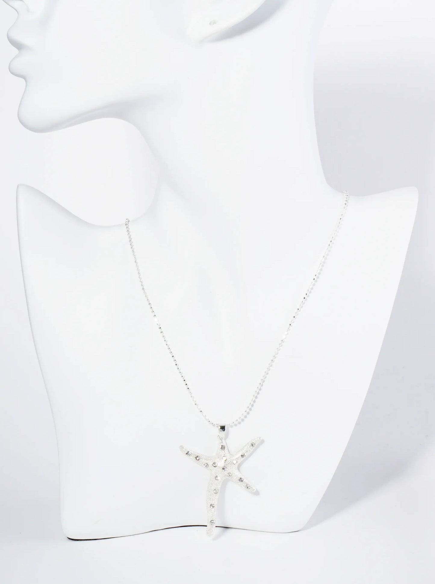 Rhinestone Embedded Sea Star Starfish Pendant 17 Inch Ball Chain Necklace