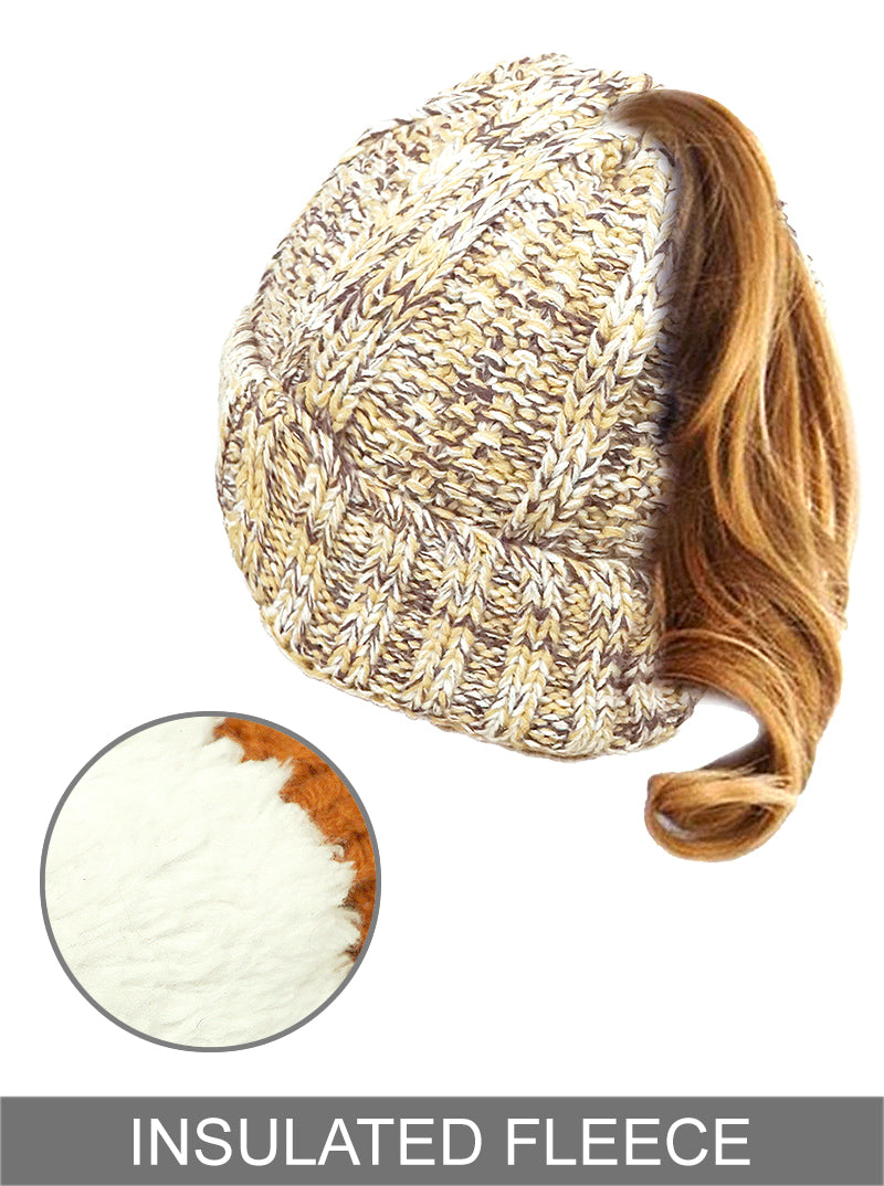 Ribbed Knit Peekaboo Ponytail Fleece Beanie