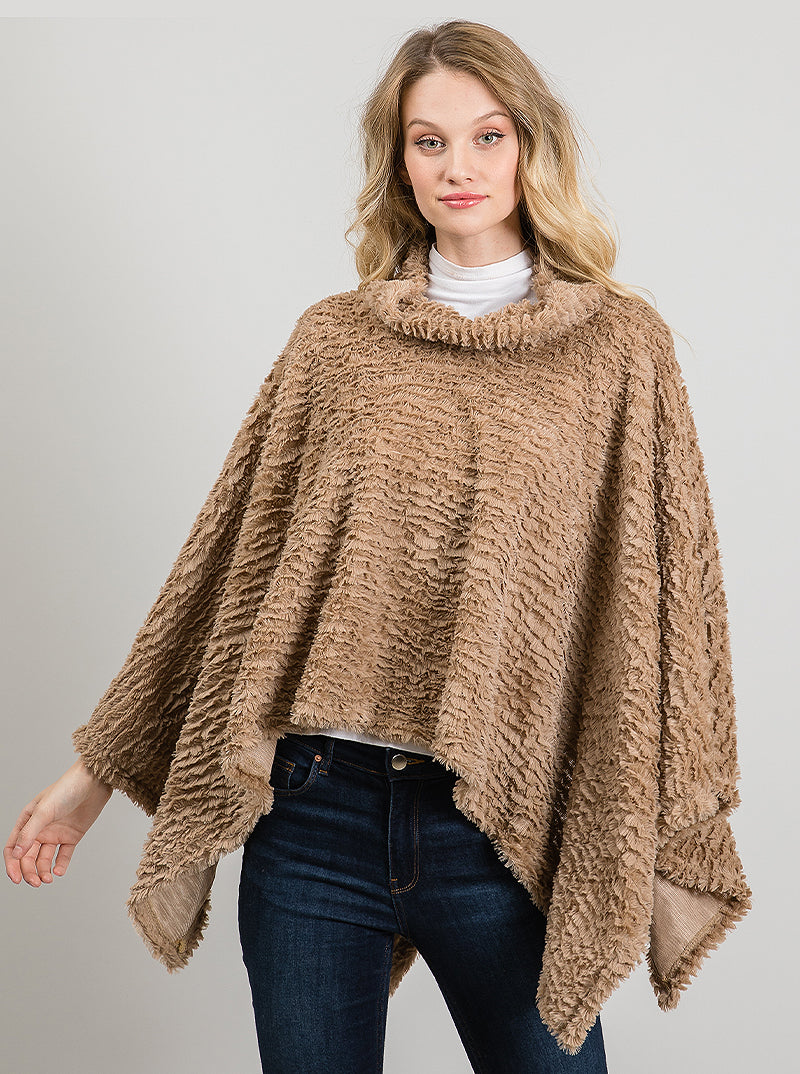 Rippled Solid Color Soft Mock Neck Poncho
