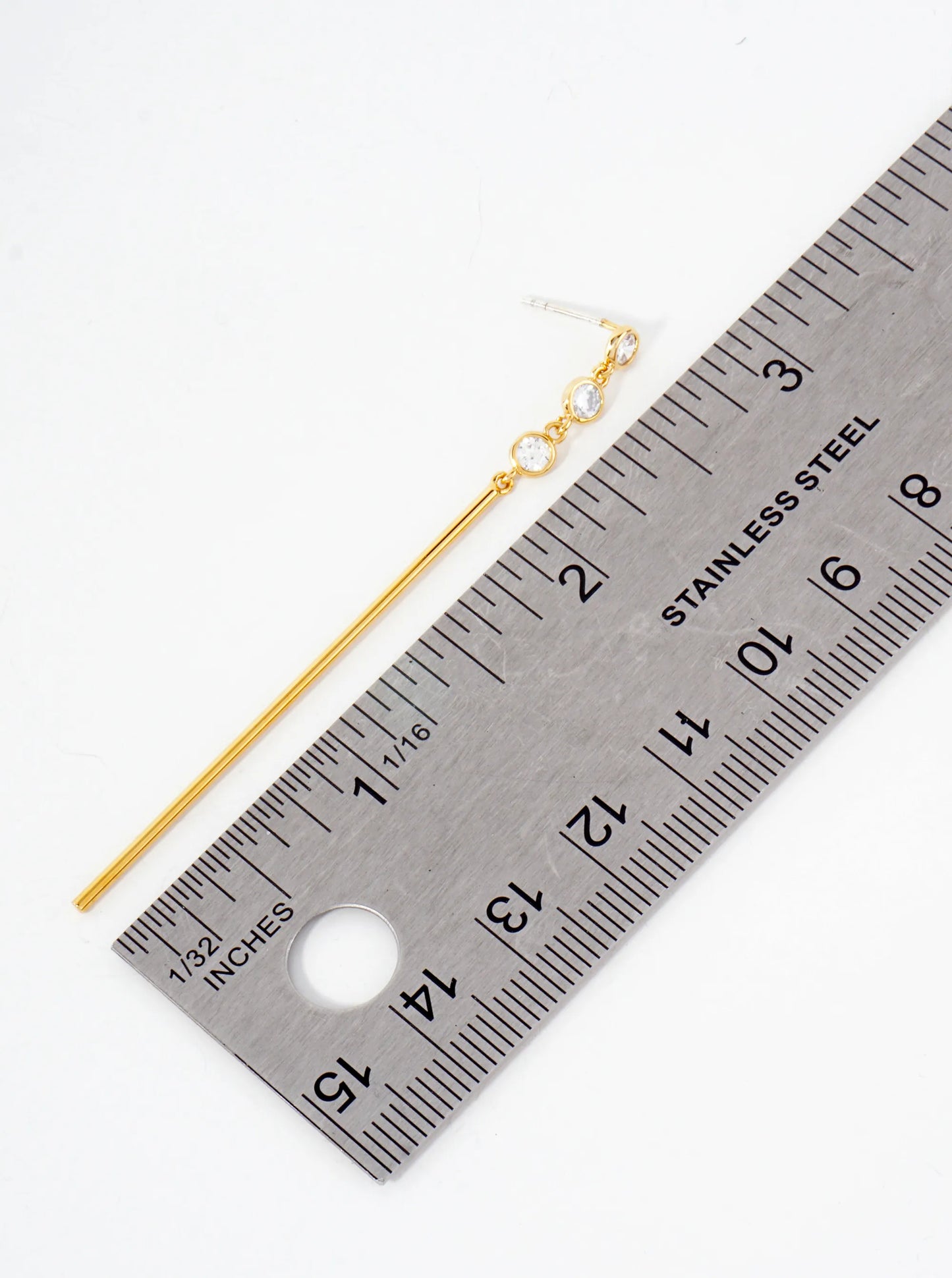 Round CZ Stone Trio With Brass Bar Drop 18K-Gold-Dipped Earrings